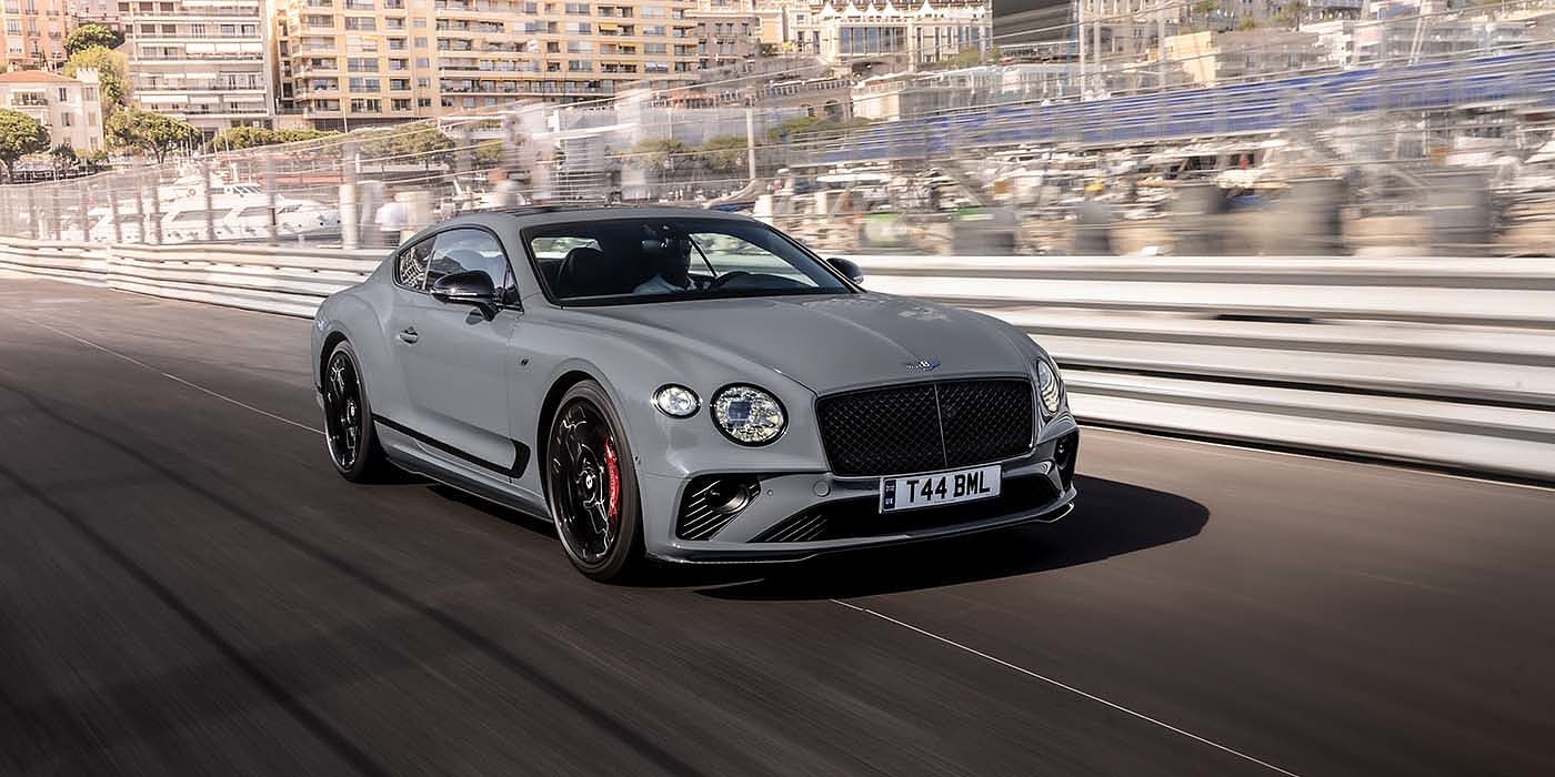 Bentley Ho Chi Minh Bentley Continental GT S coupe in Cambrian Grey paint front 34 dynamic driving on track