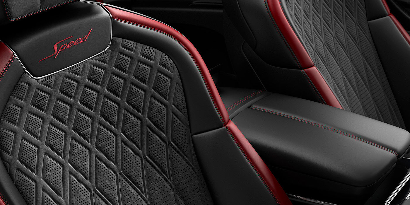 Bentley Ho Chi Minh Bentley Flying Spur Speed sedan seat stitching detail in Beluga black and Cricket Ball red hide