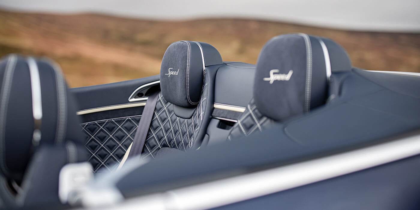 Bentley Ho Chi Minh Bentley Continental GTC Speed convertible rear interior in Imperial Blue and Linen hide